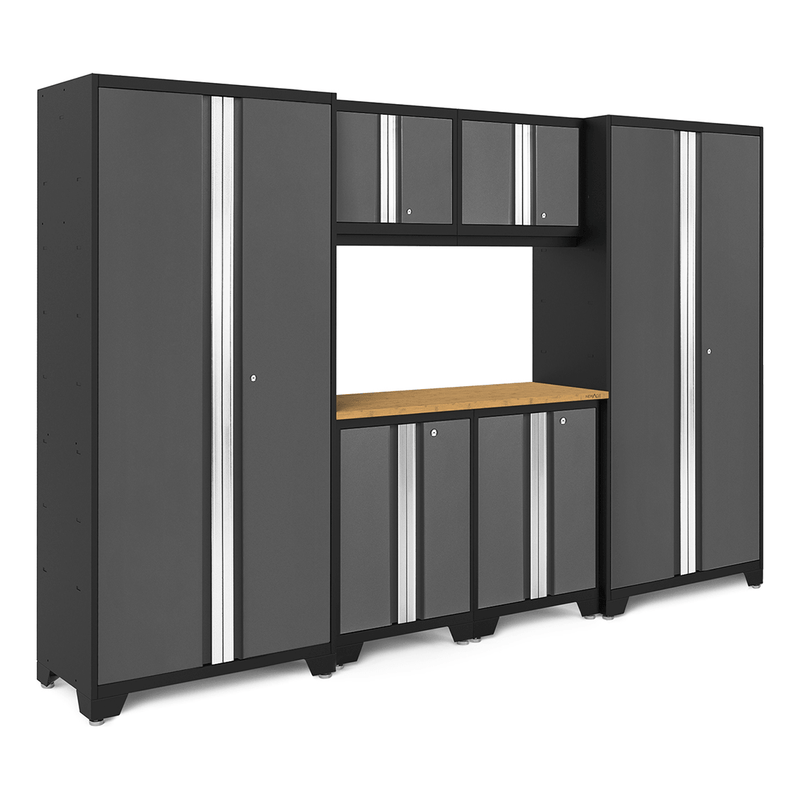 NewAge Products Bold Grey 7-Piece RTA Garage Cabinet Set with Bamboo Worktop