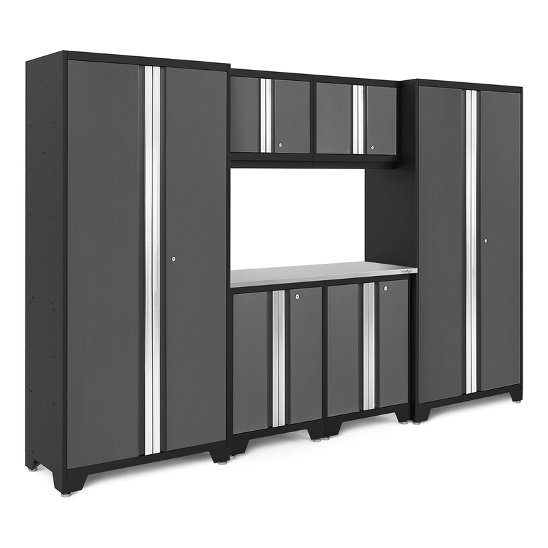 NewAge Products Bold Grey 7-Piece RTA Garage Cabinet Set with Stainless Steel Worktop