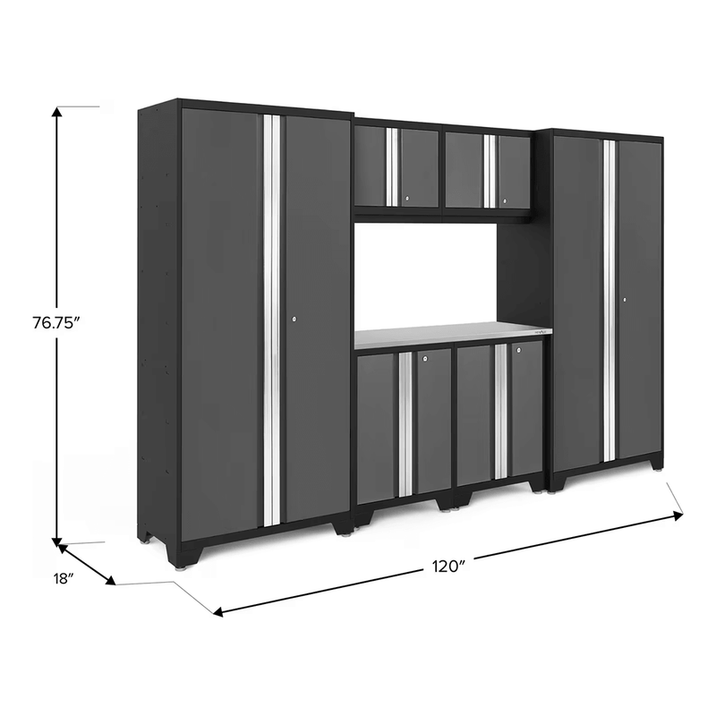 NewAge Products Bold Grey 7-Piece RTA Garage Cabinet Set with Stainless Steel Worktop