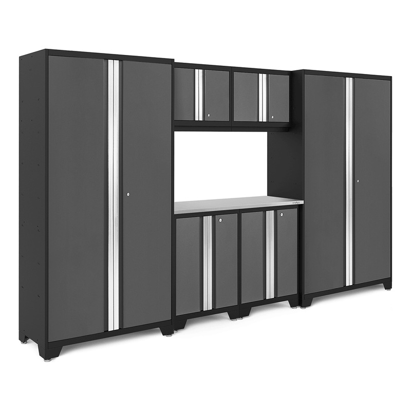 NewAge Products Bold Grey 7-Piece RTA Garage Storage System with Stainless Steel Worktop