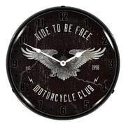Collectable Sign and Clock Ride to be Free Motorcycle Club Backlit Wall Clock