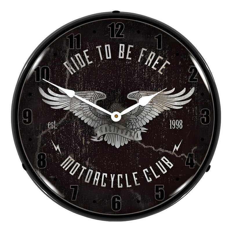 Collectable Sign and Clock Ride to be Free Motorcycle Club Backlit Wall Clock