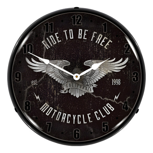 Collectable Sign and Clock Ride to be Free Motorcycle Club Backlit Wall Clock