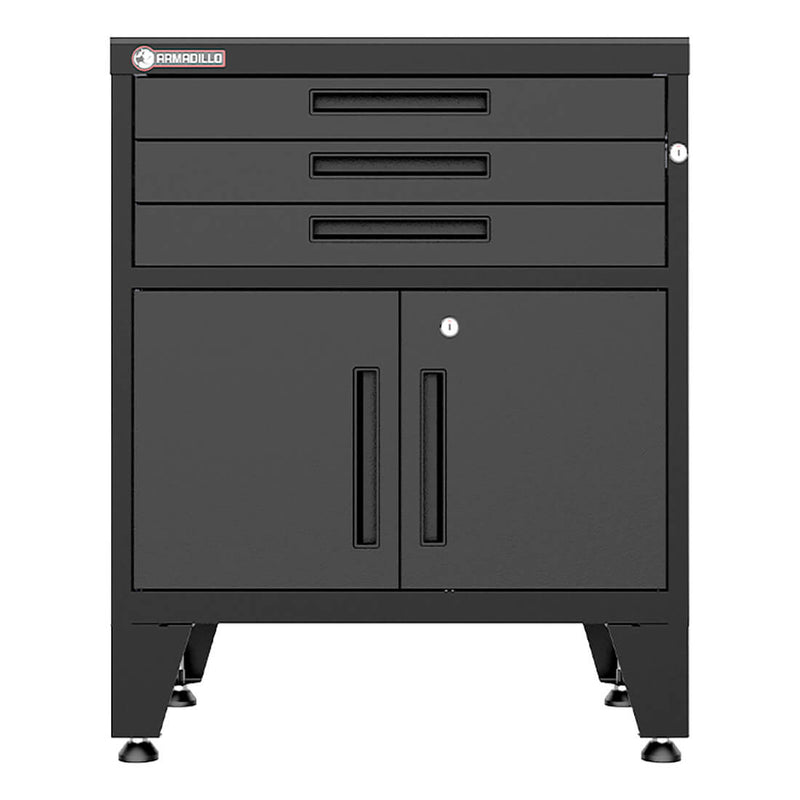 Armadillo Tough Black 3-Drawer 2-Door Cabinet Base Cabinet with Rubber Work Mat