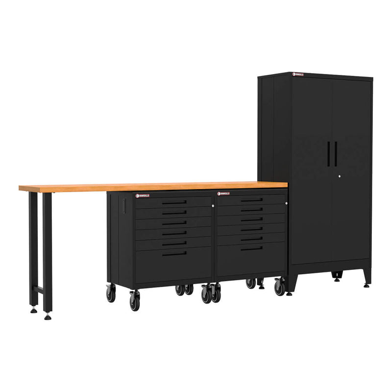 Armadillo Tough Black 4-Piece Garage Cabinet Set with Levelers and Casters