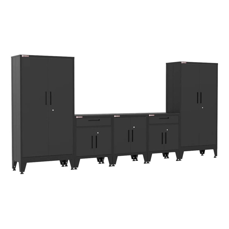 Armadillo Tough Black 5-Piece Garage Cabinet Kit with Levelers and Casters