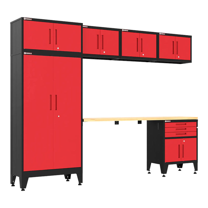 Armadillo Tough Red 7-Piece Garage Cabinet Set with Levelers and Casters-AR7PC125R