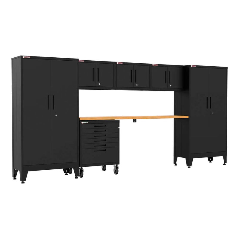 Armadillo Tough Black 7-Piece Garage Cabinet Set with Levelers and Casters