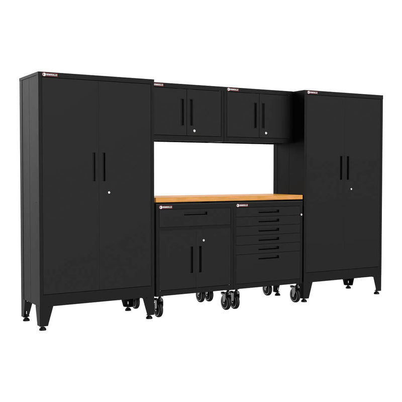 Armadillo Tough Black 7-Piece Garage Cabinet System with Levelers and Casters