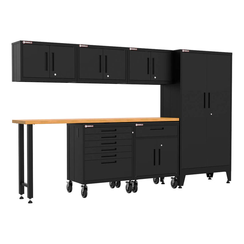 Armadillo Tough Black 7-Piece Garage Cabinet Configuration with Levelers and Casters
