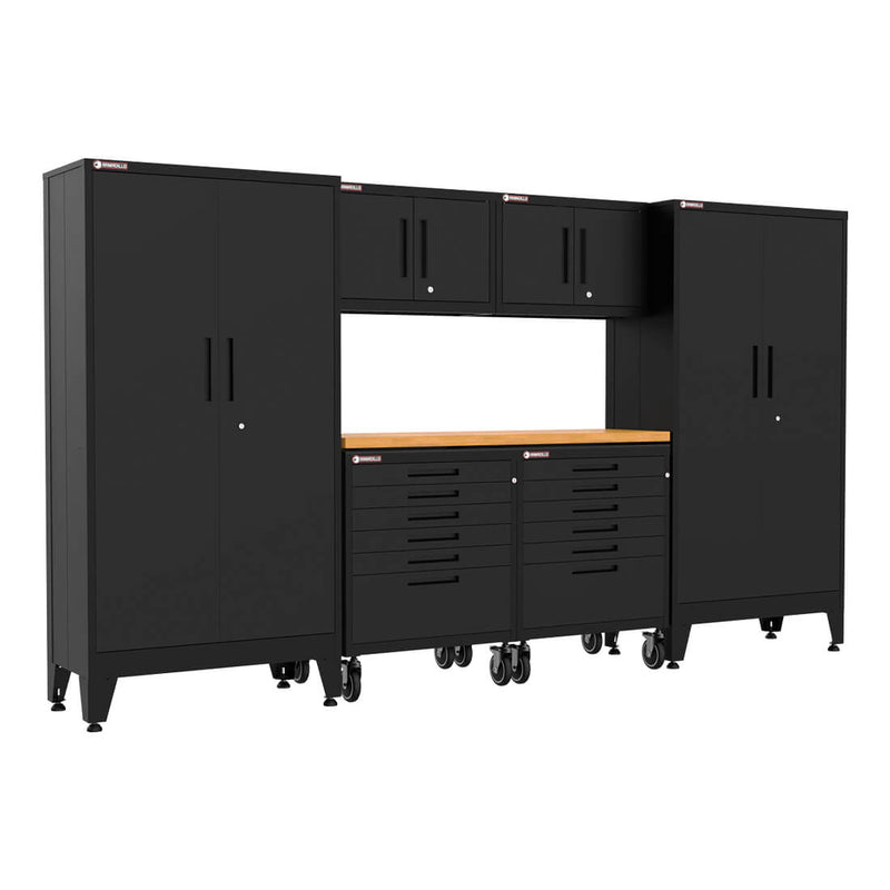 Armadillo Tough Black 7-Piece Garage Cabinet Kit with Levelers and Casters