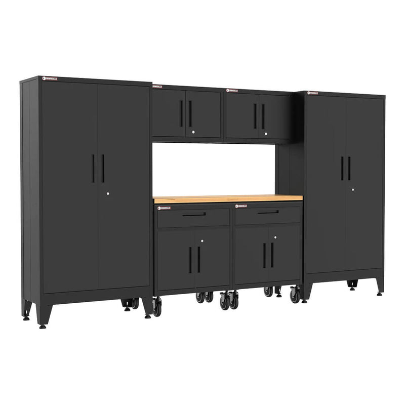 Armadillo Tough Black 7-Piece Garage Cabinet Storage System with Levelers and Casters
