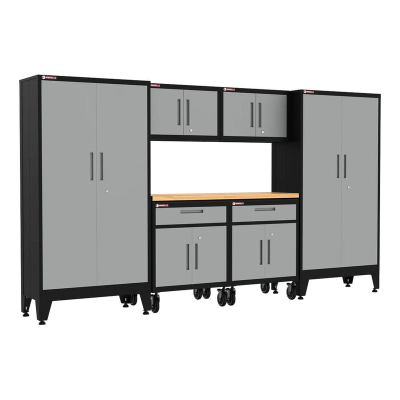 Armadillo Tough Grey 7-Piece Garage Cabinet Storage System with Levelers and Casters