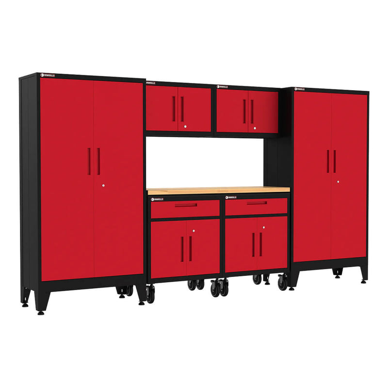 Armadillo Tough Red 7-Piece Garage Cabinet Storage System with Levelers and Casters