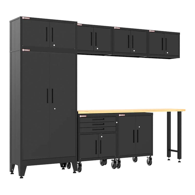 Armadillo Tough Black 8-Piece Garage Cabinet Set with Levelers and Casters-AR8PC126B