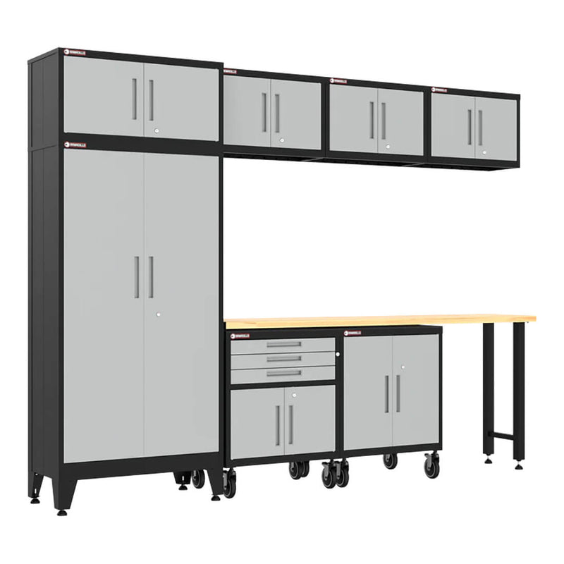 Armadillo Tough Grey 8-Piece Garage Cabinet Set with Levelers and Casters-AR8PC126G