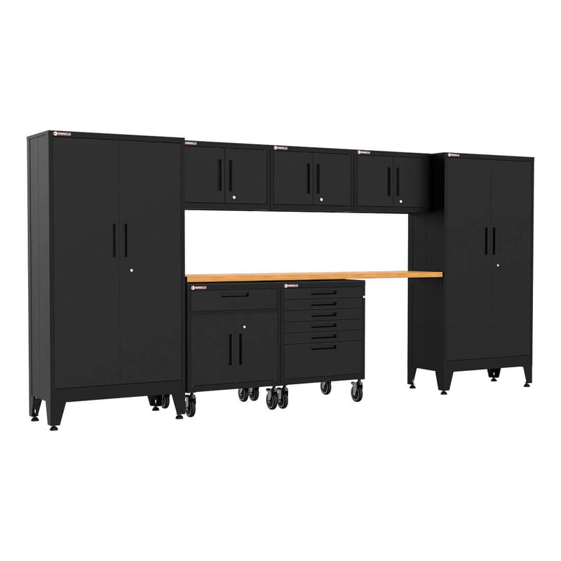 Armadillo Tough Black 8-Piece Garage Cabinet Set with Levelers and Casters
