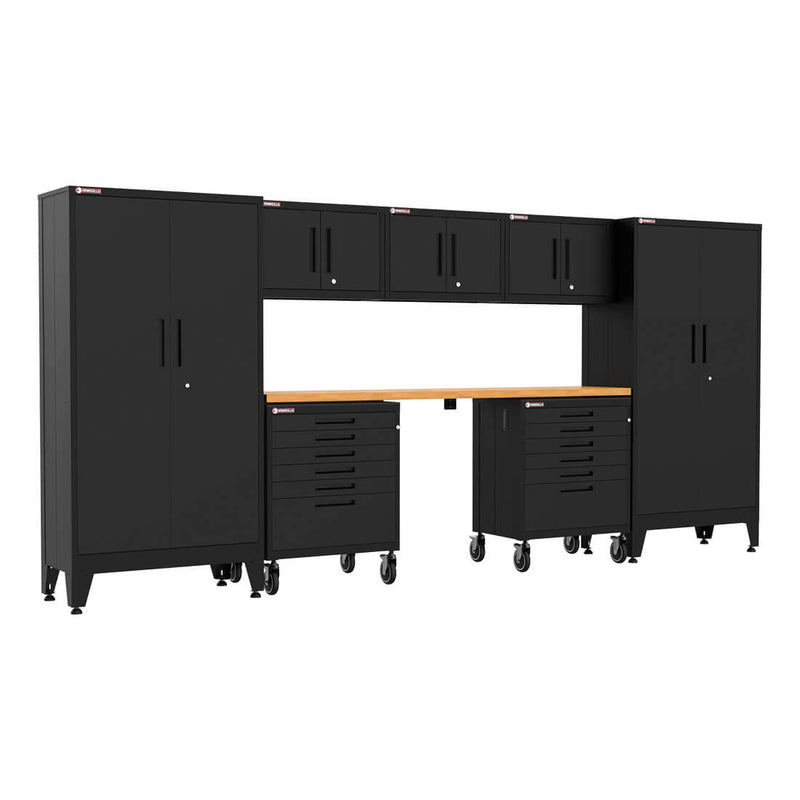 Armadillo Tough Black 8-Piece Garage Cabinet System with Levelers and Casters