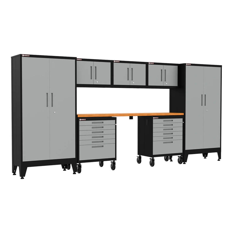 Armadillo Tough Grey 8-Piece Garage Cabinet System with Levelers and Casters