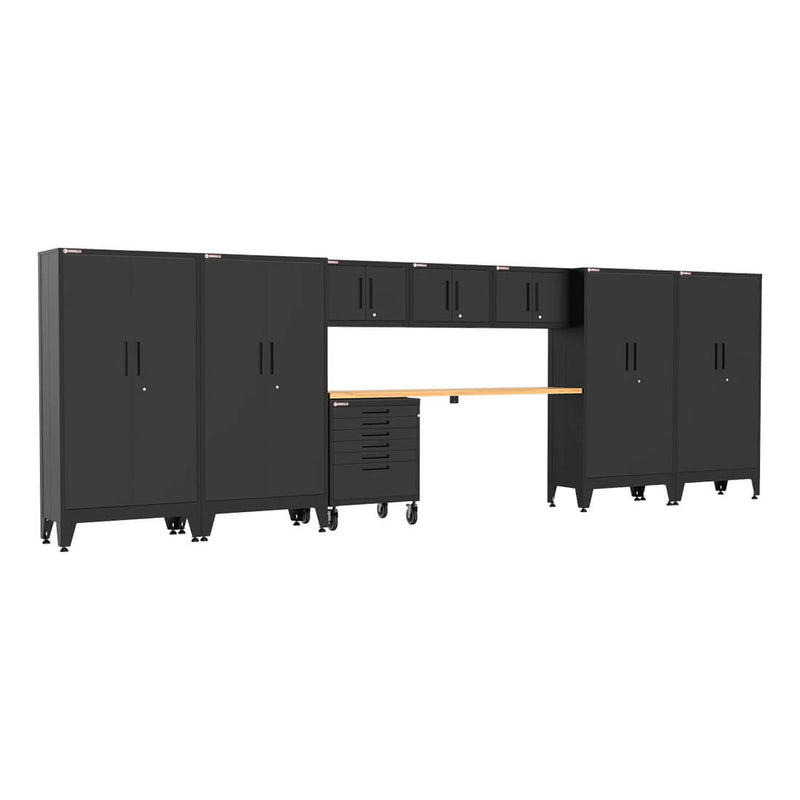 Armadillo Tough Black 9-Piece Garage Cabinet Setup with Levelers and Casters