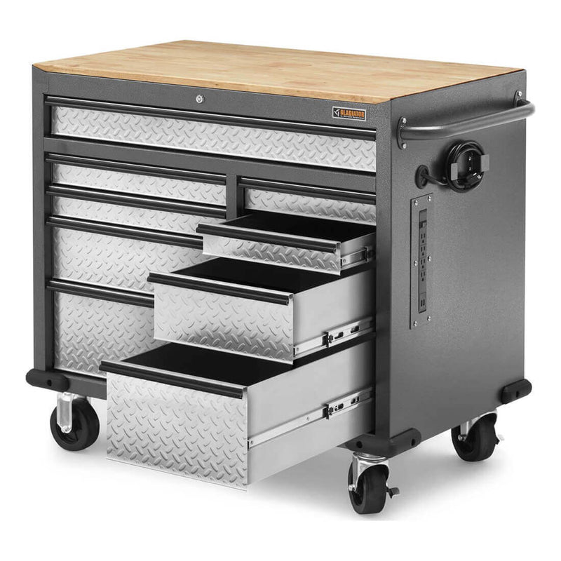 Gladiator Premier 41 inch 9-Drawer Mobile Tool Workbench with Solid Wood Top