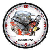 Collectable Sign and Clock Dual Quad 409 V8 Engine Backlit Wall Clock