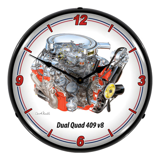 Collectable Sign and Clock Dual Quad 409 V8 Engine Backlit Wall Clock
