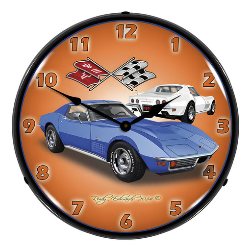 Collectable Sign and Clock 1971 Blue Corvette Stingray Backlit Wall Clock