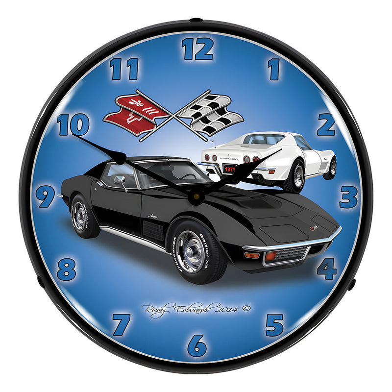 Collectable Sign and Clock 1971 Black Corvette Stingray Backlit Wall Clock