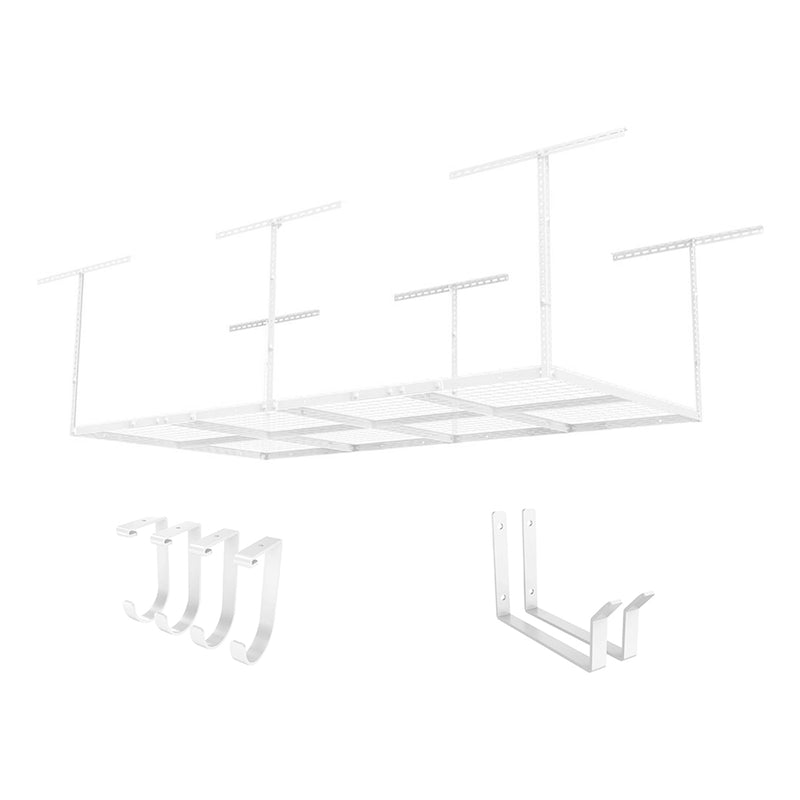 Fleximounts 4' x 8' Overhead Storage Rack with Hooks (White)