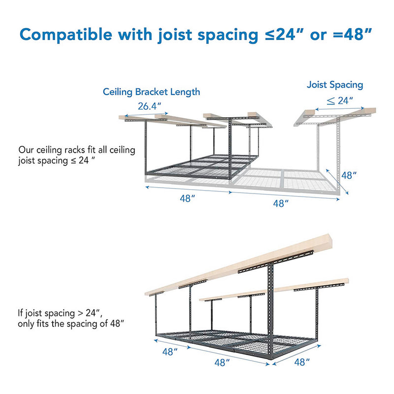 Fleximounts 4' x 8' Overhead Storage Rack with Hooks (Black)