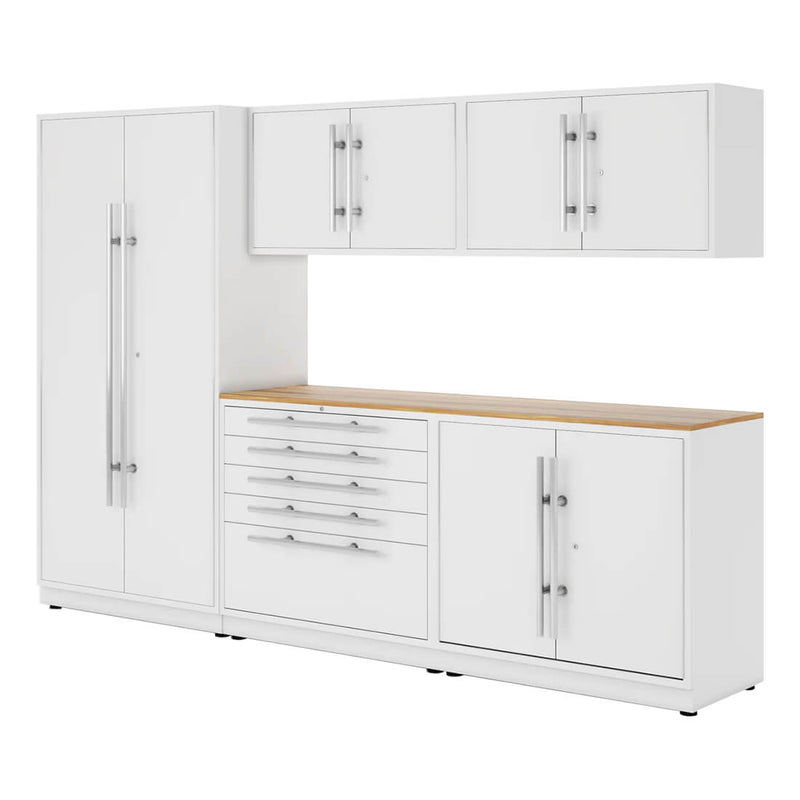 Proslat Lux Pure White 10-Foot 6-Piece Garage Cabinet System with Live Edge Wood Worktop