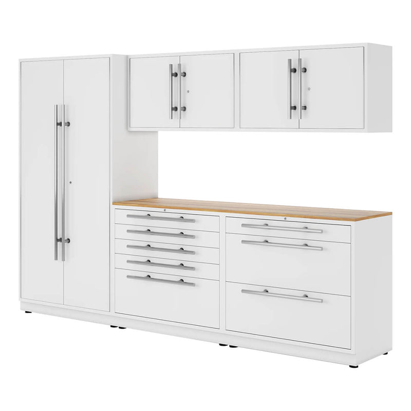 Proslat Lux Pure White 10-Foot 6-Piece Garage Cabinet System with Live Edge Wood Countertop