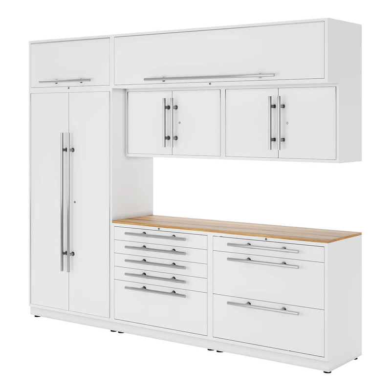 Proslat Lux Pure White 10-Foot 8-Piece Garage Cabinet System with Live Edge Wood Countertop