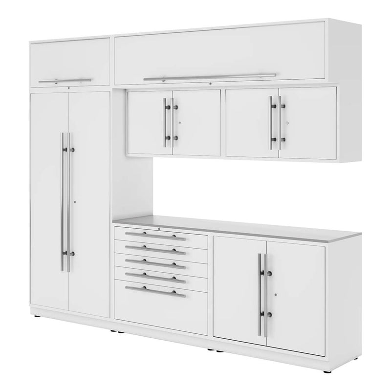 Proslat Lux Pure White 10-Foot 8-Piece Garage Cabinet System with Stainless Steel Worktop