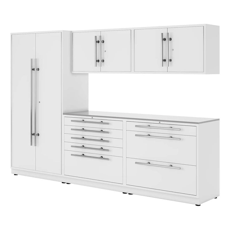 Proslat Lux Pure White 10-Foot 6-Piece Garage Cabinet System with Stainless Steel Countertop
