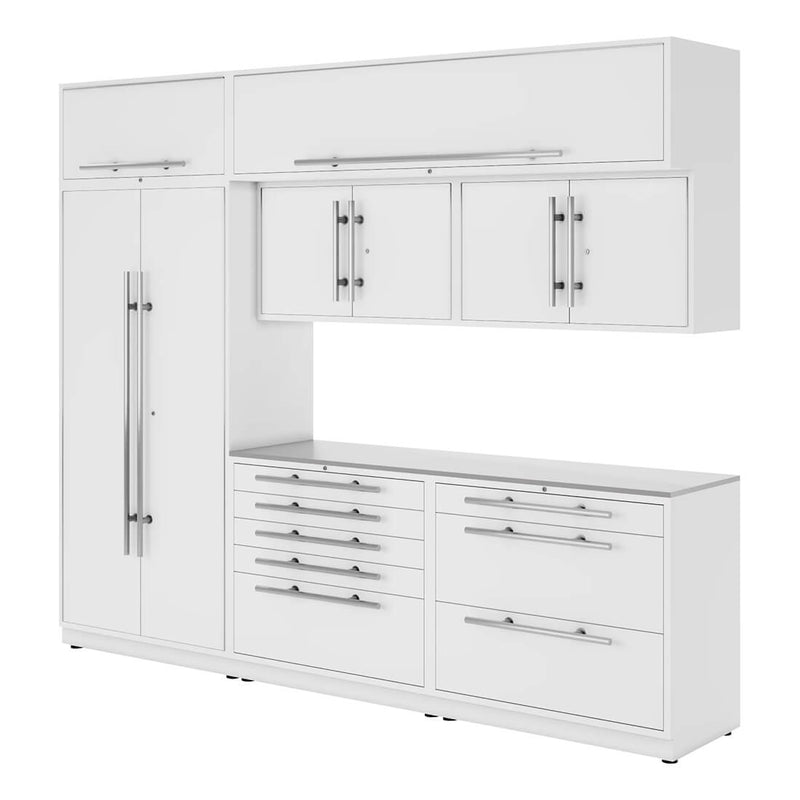 Proslat Lux Pure White 10-Foot 8-Piece Garage Cabinet System with Stainless Steel Countertop