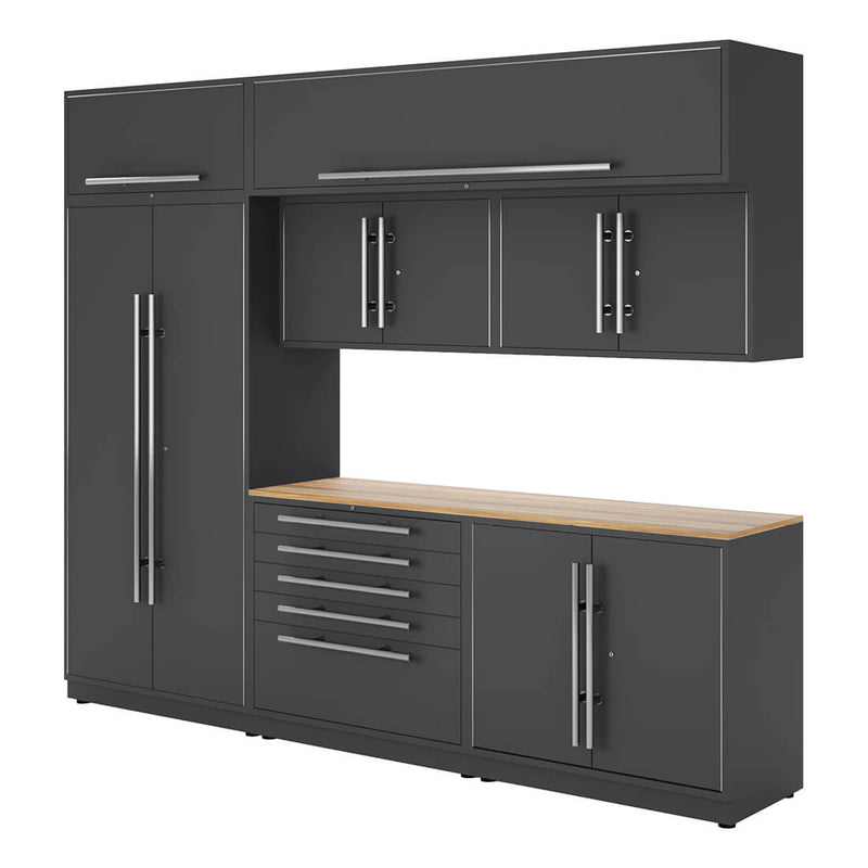 Proslat Lux Storm Gray 10-Foot 8-Piece Garage Cabinet System with Live Edge Wood Worktop