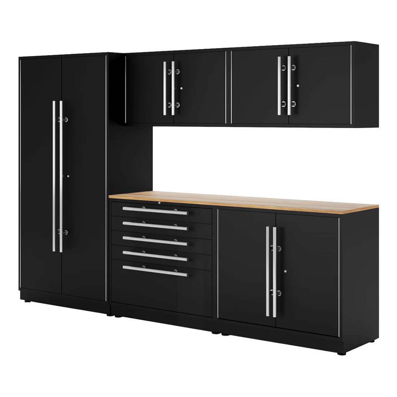 Proslat Lux Black 10-Foot 6-Piece Garage Cabinet System with Live Edge Wood Worktop