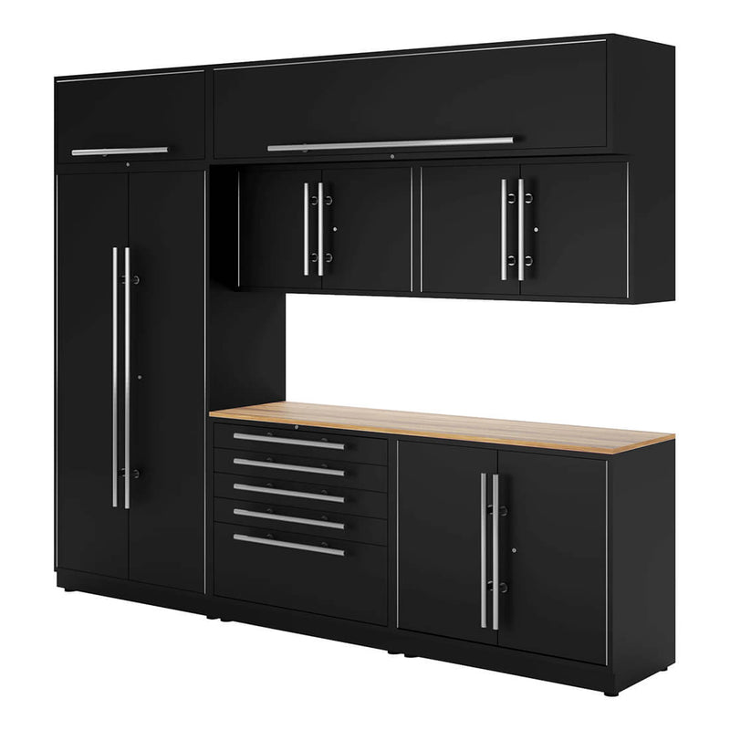 Proslat Lux Black 10-Foot 8-Piece Garage Cabinet System with Live Edge Wood Worktop