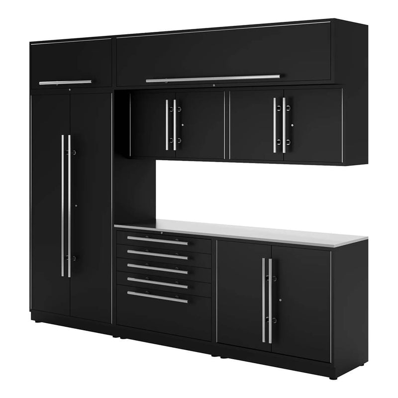 Proslat Lux Black 10-Foot 8-Piece Garage Cabinet System with Stainless Steel Worktop