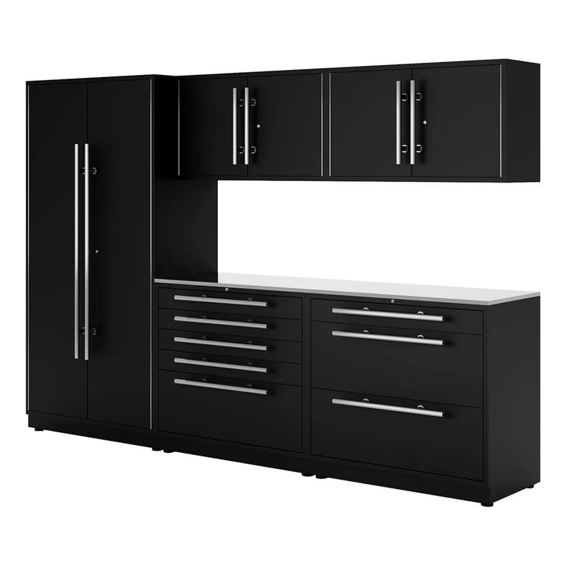 Proslat Lux Black 10-Foot 6-Piece Garage Cabinet System with Stainless Steel Countertop