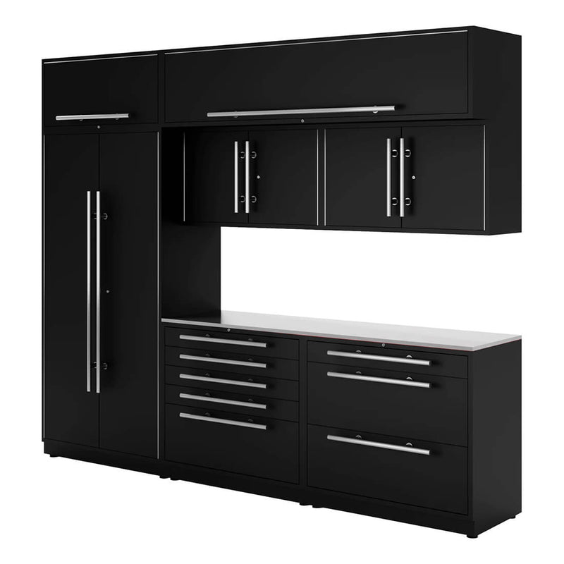 Proslat Lux Black 10-Foot 8-Piece Garage Cabinet System with Stainless Steel Countertop