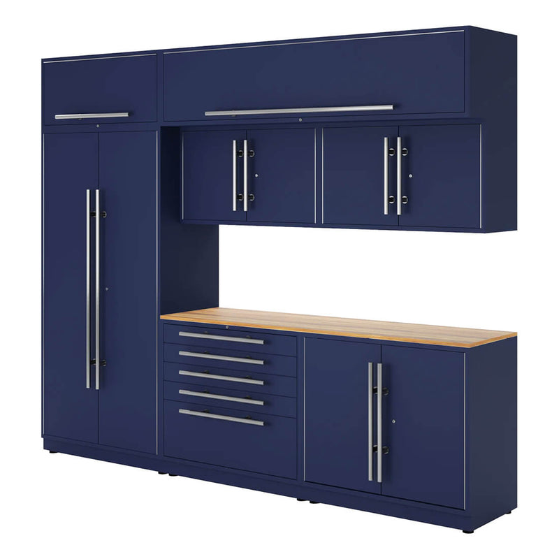 Proslat Lux Midnight Blue 10-Foot 8-Piece Garage Cabinet System with Live Edge Wood Worktop