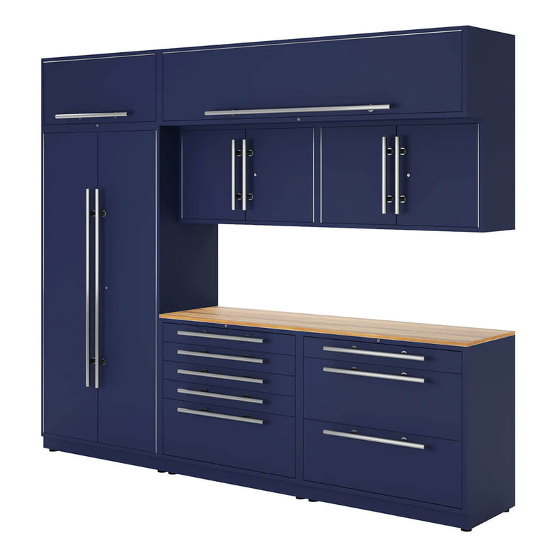 Proslat Lux Midnight Blue 10-Foot 8-Piece Garage Cabinet System with Live Edge Wood Countertop