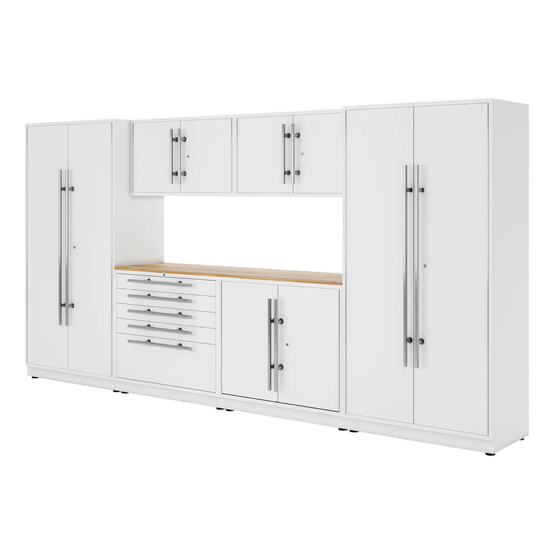 Proslat Lux Pure White 13-Foot 7-Piece Garage Cabinet System with Live Edge Wood Worktop