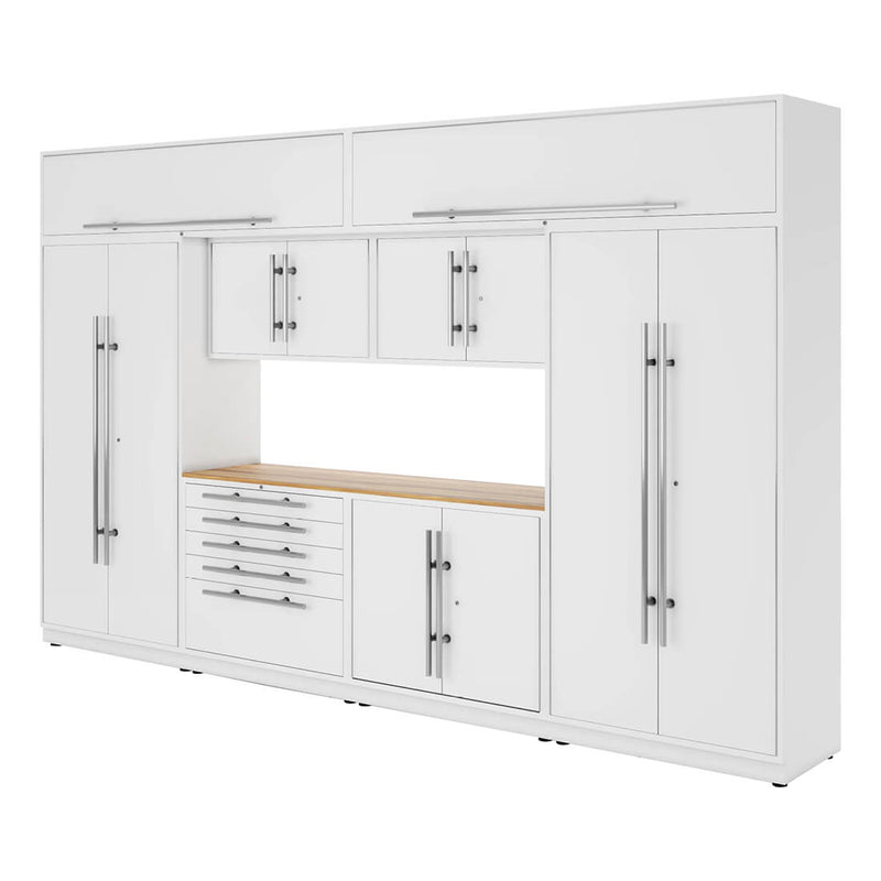 Proslat Lux Pure White 13-Foot 9-Piece Garage Cabinet System with Live Edge Wood Worktop
