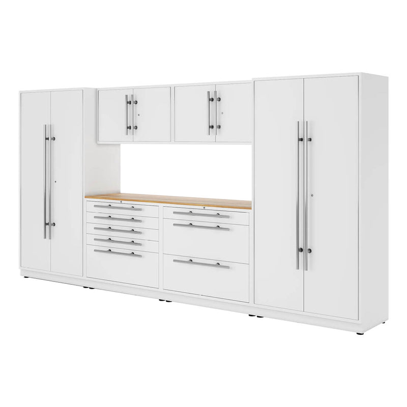 Proslat Lux Pure White 13-Foot 7-Piece Garage Cabinet System with Live Edge Wood Countertop