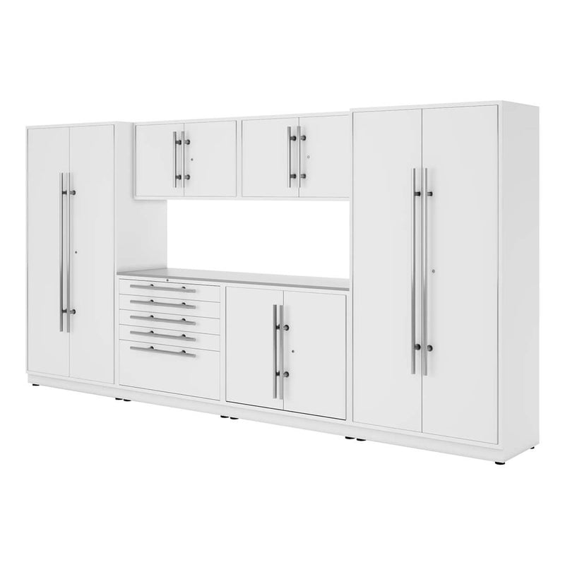 Proslat Lux Pure White 13-Foot 7-Piece Garage Cabinet System with Stainless Steel Worktop