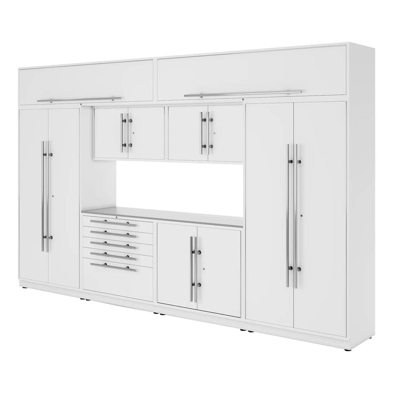 Proslat Lux Pure White 13-Foot 9-Piece Garage Cabinet System with Stainless Steel Worktop